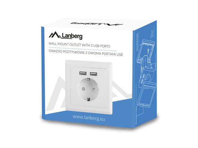 Roseta De Pared Lanberg Ac-Ws01-Usb2-F Con Toma Schuko 16a Y 2 Puertos Usb 2.1a Color Blanco