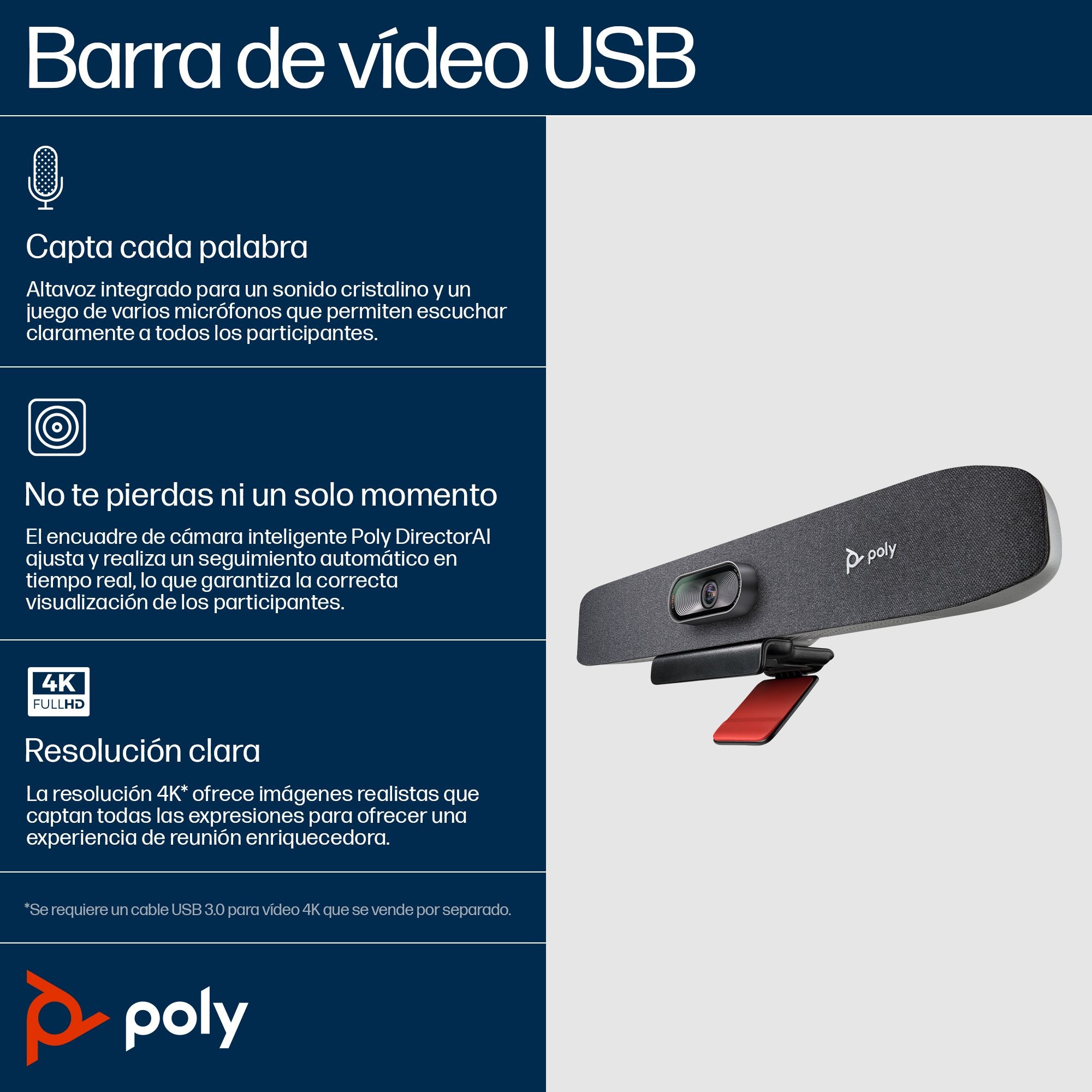 EAN 5715063710623 - HP Poly Studio R30 USB Video Bar Gris 3840 x 2160 Pixeles imagen 4