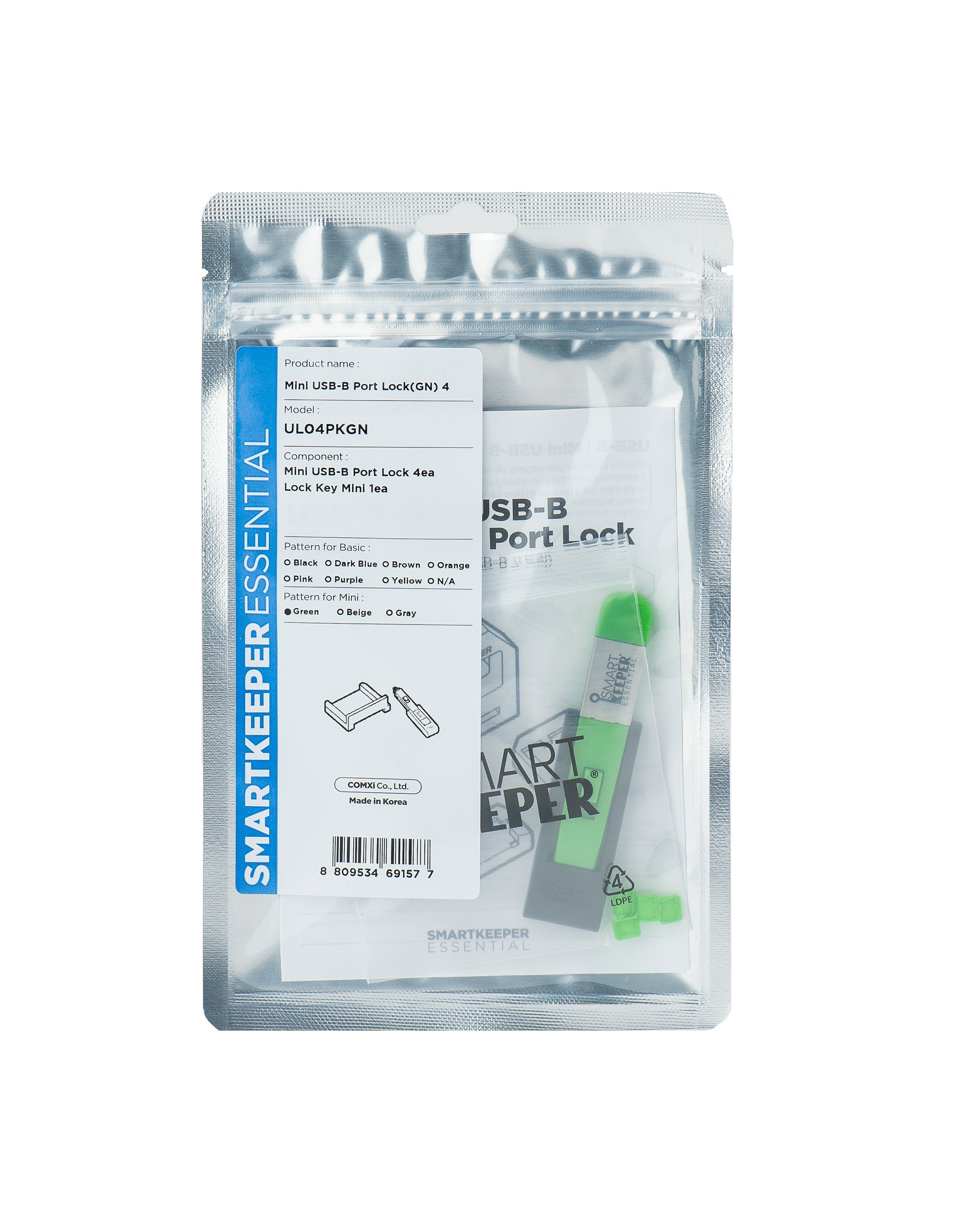 Smartkeeper Mini Mini Usb Port Lock Type B 4 - 1x Klíc + 4x Záslepka, Zelená