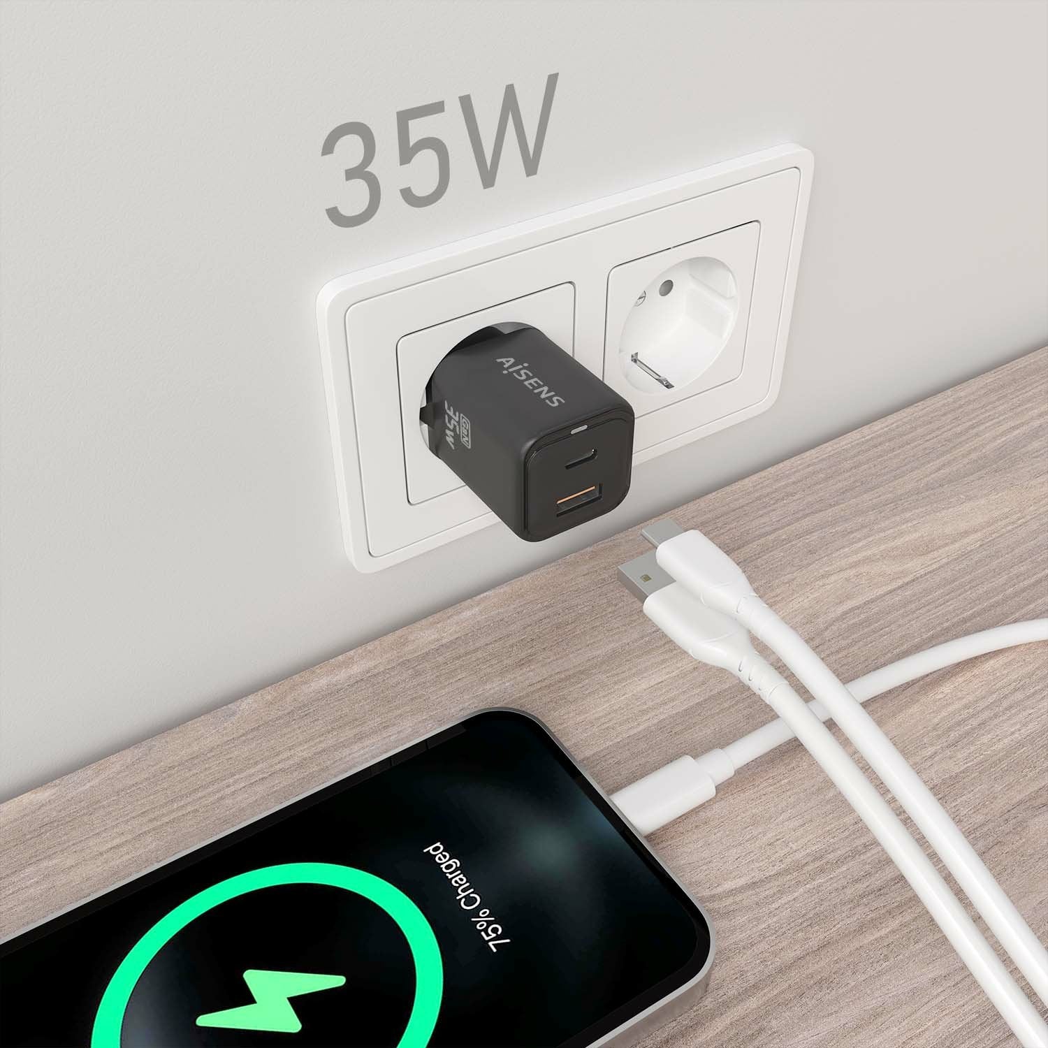 Aisens Cargador Gan 35w, 1xusb-C Pd3.0 Qc4.0, 1xusb-A Qc3.0, Negro