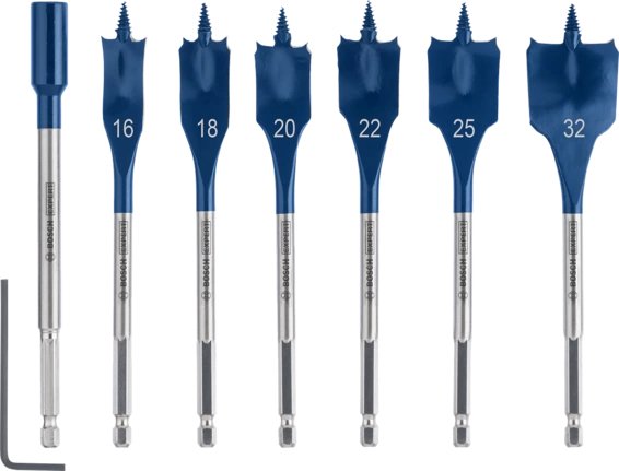 Juego De Brocas De Fresado Plano Bosch Expert Self Cut Speed, 7 Piezas, Ø 16 - 32 Mm (Longitud 152 Mm, Incl. 1 Extensión)  2608900334