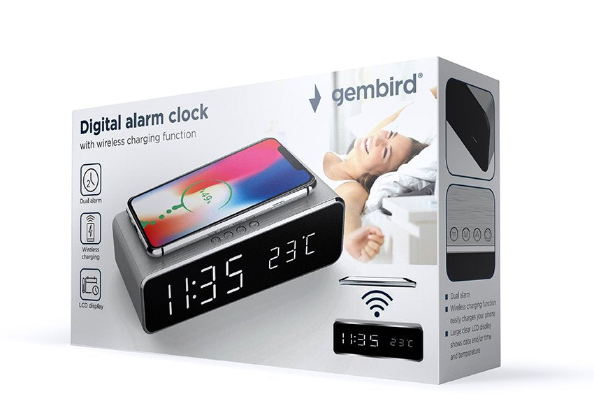 Gembird Dac-Wpc-01-S, Reloj Despertador Con Cargador Inalambrico, Plata, Iphone X/Xs/Xr, Iphone 8, Galaxy S8/S7/S6, Lcd