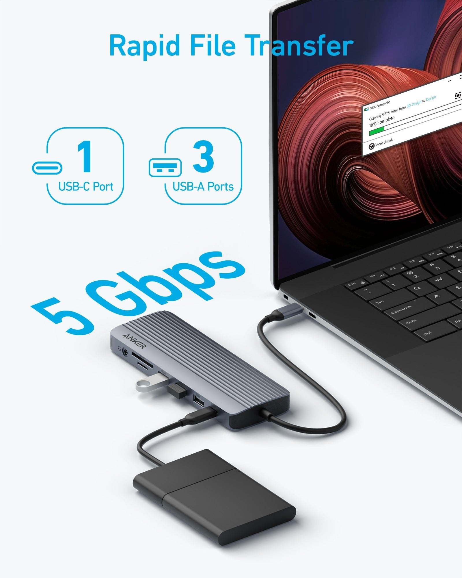 Anker Usb-C Hub (14-In-1) Triple Display 1 X Vga 2 X Hdmi 1 X Ehternet 1 X Usb-C Pd-In (100w) 1 X Usb-C 1 X Usb-A 1 X Micro Sd 1 X Audio Gray