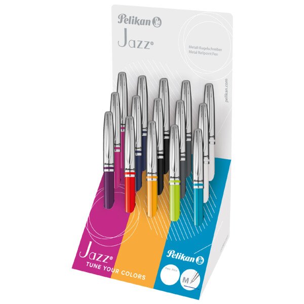 Pelikan Jazz Classic Expositor Con 15 Boligrafos Retractiles - Trazo De 1mm - Mecanismo De Giro - Capuchon Y Clip