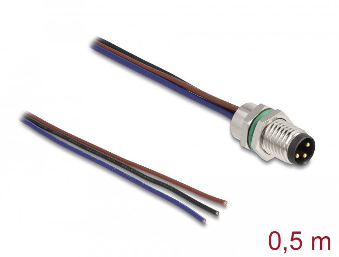 Delock M8 Einbaucable A-Kodiert 3 Pin Stecker Für Panel Mit Offenen Cablen Front Montage 0,5 M