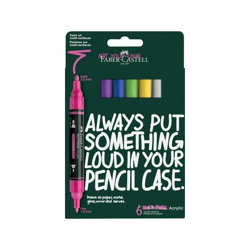 Faber-Castell Multimark Acrylic Pack Con 6 Rotuladores Acrilicos Doble Punta - Puntas Redondas De 1mm Y 3mm - Tinta