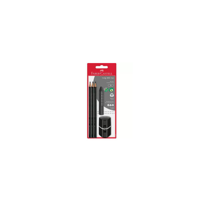 Faber Castell Set 2001 Grip 3 Lápices De Grafito + Goma + Sacapuntas Negro En Blister