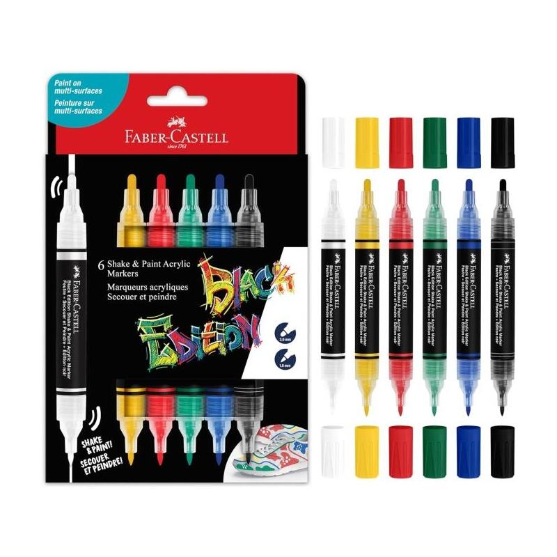 Faber-Castell Shake & Paint Black Edition Pack De 6 Rotuladores Acrilicos Doble Punta - Puntas Redondas De 1mm Y 3mm -