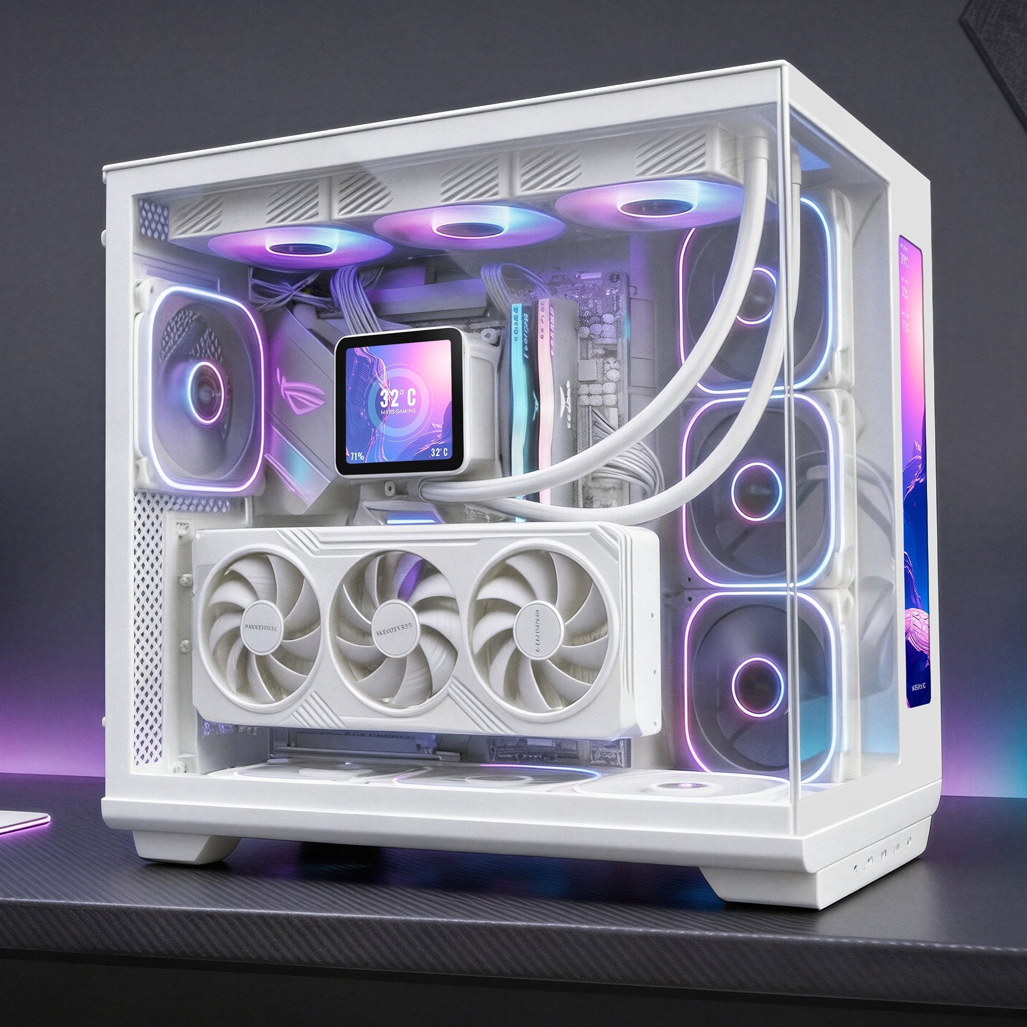 Caja Pc  Atx Mars Gaming Mc-Revmaxw Pantalla Lcd 11.8" Cristal Templado 4x Ventiladores Argb Blanco