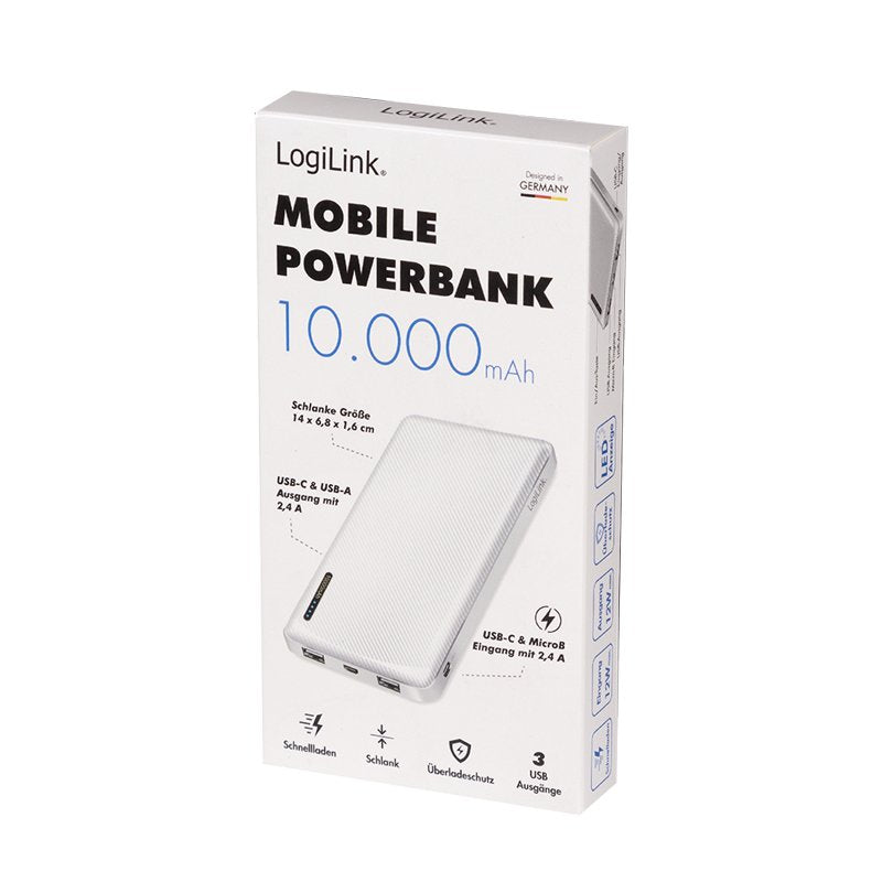 Logilink Power Bank 10.000 Mah White 2xusb-A Usb-C + Fast Charging