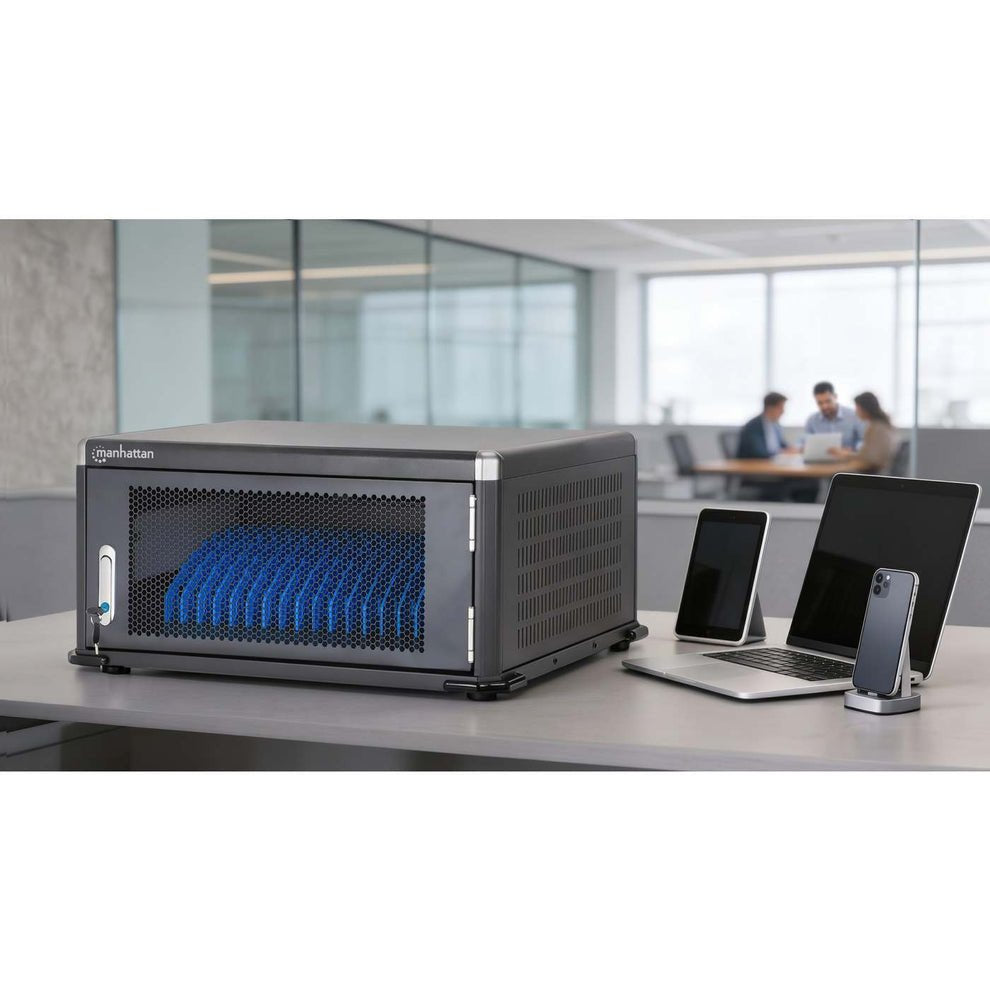 Manhattan Laptop Charging Cabinet Desktop Via Ac Adapter (Eu) 20-Bay, Install Device'S Ac Adapter (Power Cables) Into Unit, Suitable For All Laptops (To 16"), Ipads, Macbooks, Chromebooks, Other Portable Devices, Bays 380x30x280mm, Cart, Lo