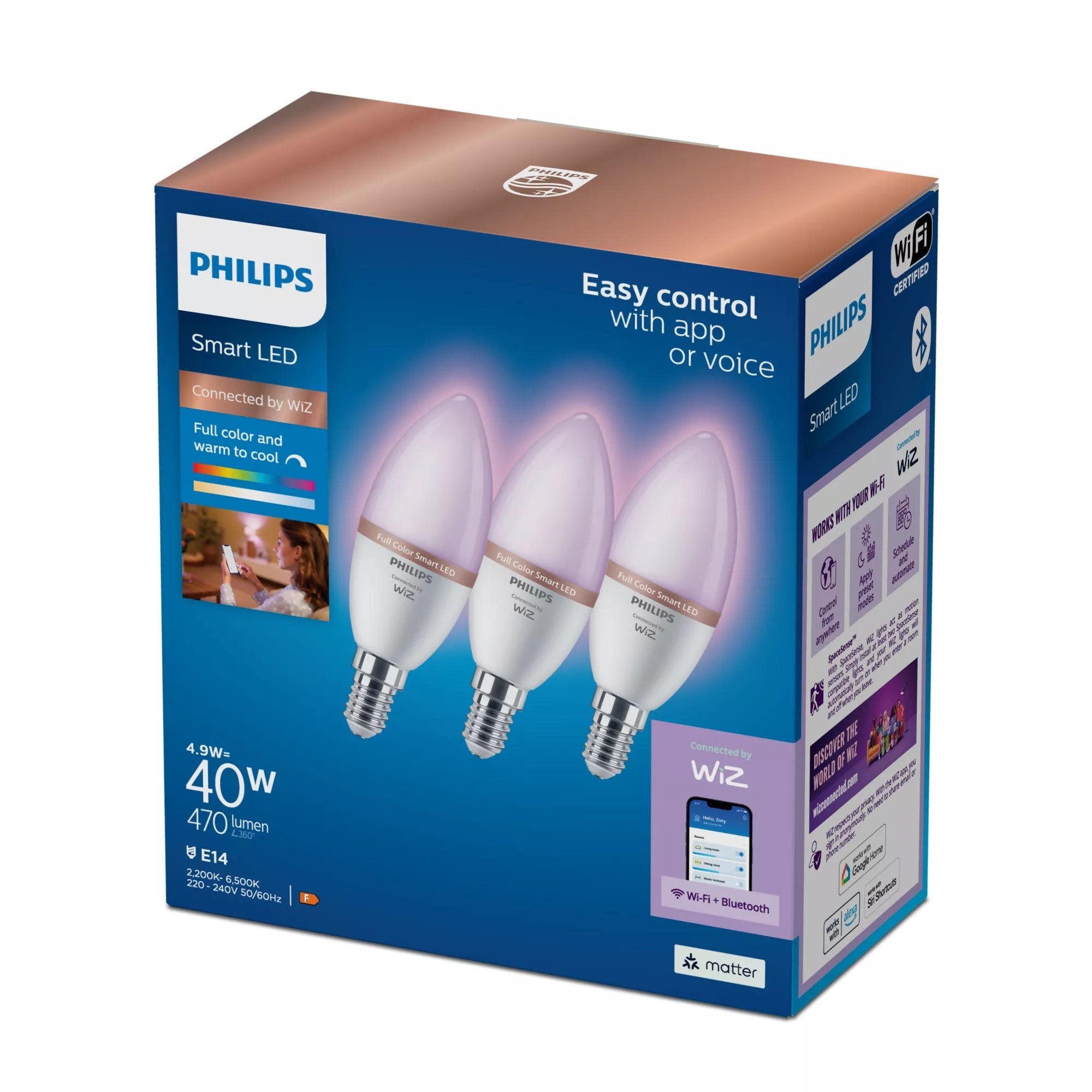 Bombilla Vela Inteligente Wifi Wiz Philips C37 E14 4.9w 470lm Rgb, Pack 3unds