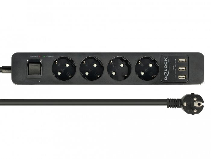 Regleta Delock De 4 Vías, 3x Usb Negro, Cable De 1,5 Metros, Protección Contra Sobretensiones, Con Interruptor 11209