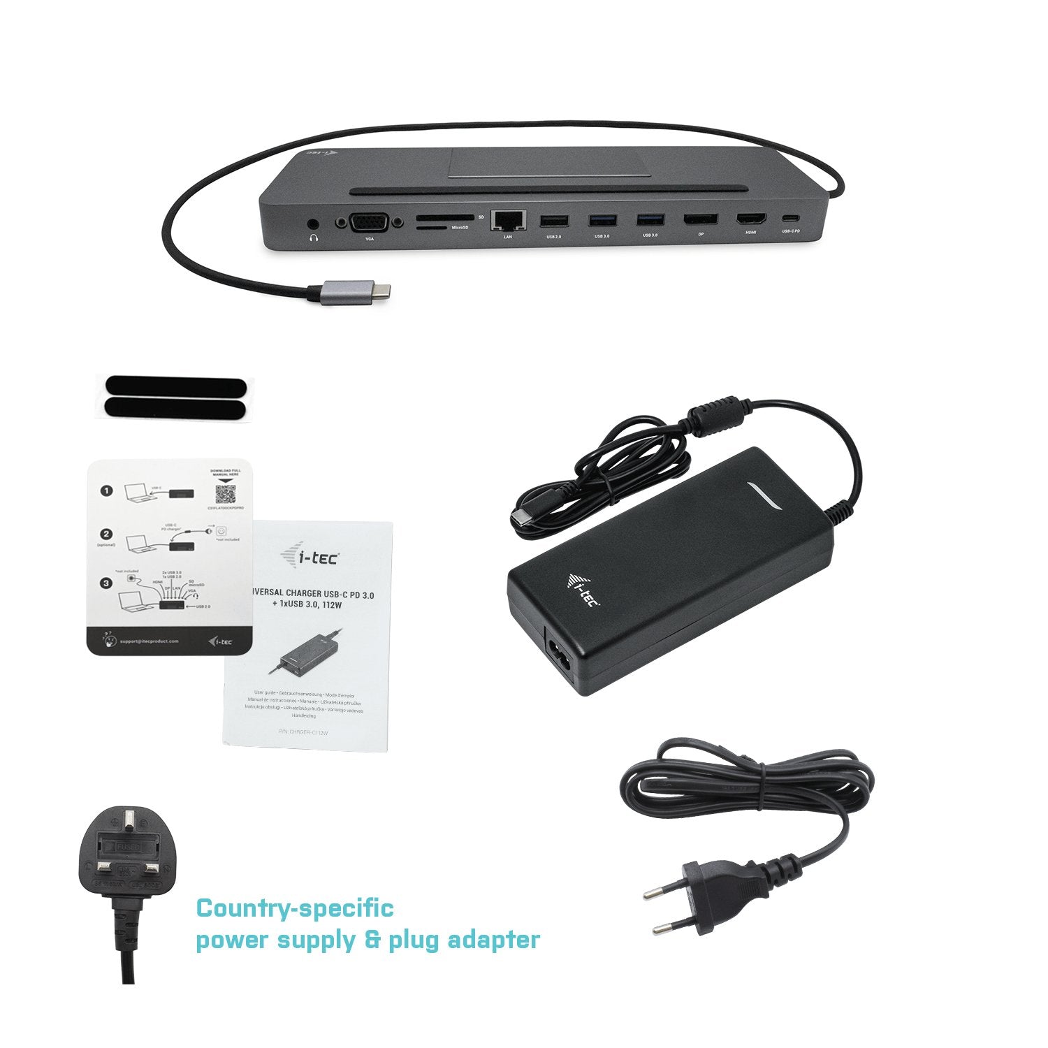 I-Tec Usb-C Metal Ergonomic 4k 3x Display Docking Station With Power Delivery 85 W + I-Tec Universal Charger 112 W
