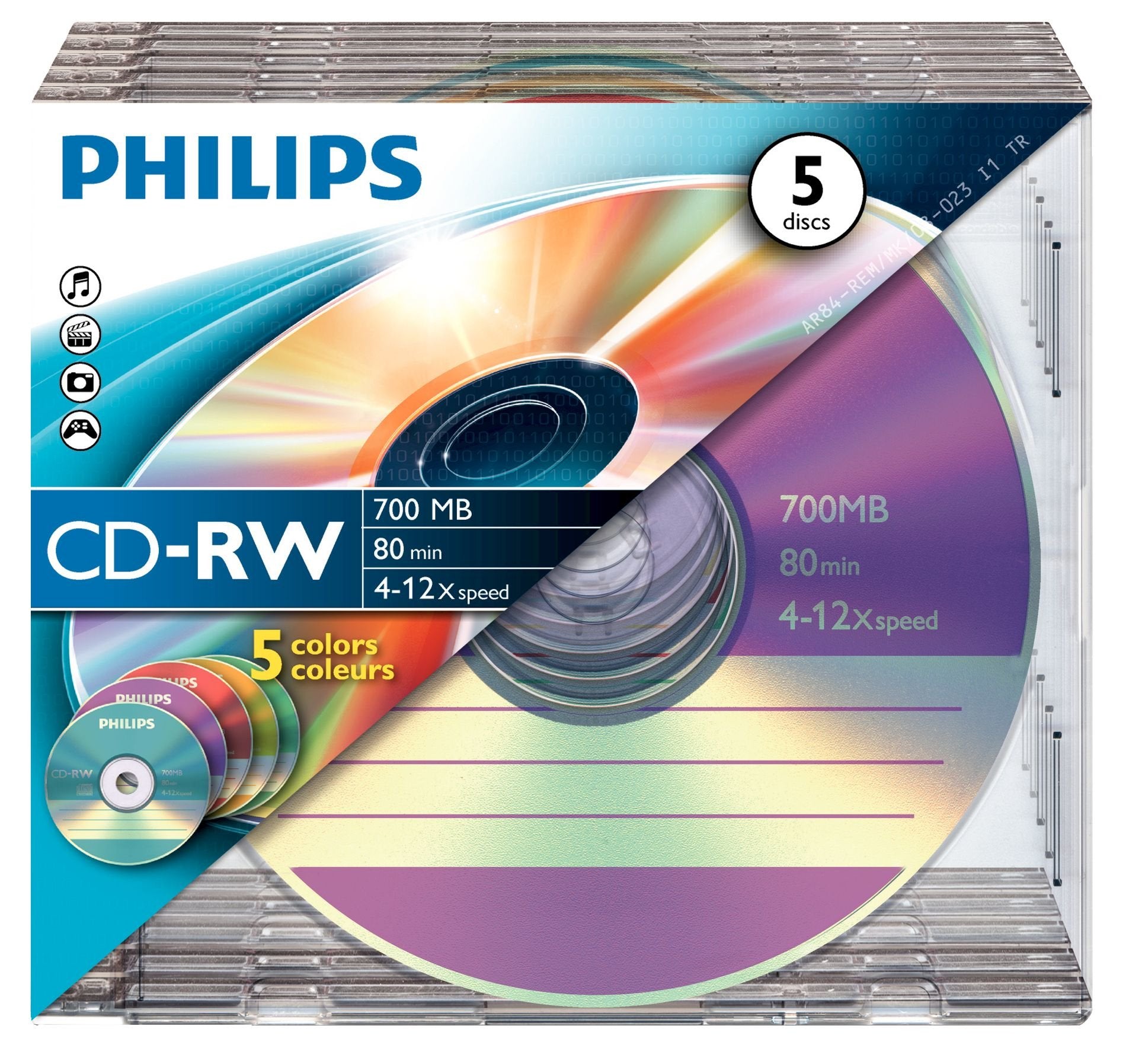Philips Cd-Rw 700mb  5-Pack Slim Case Colored Discs 4-12x