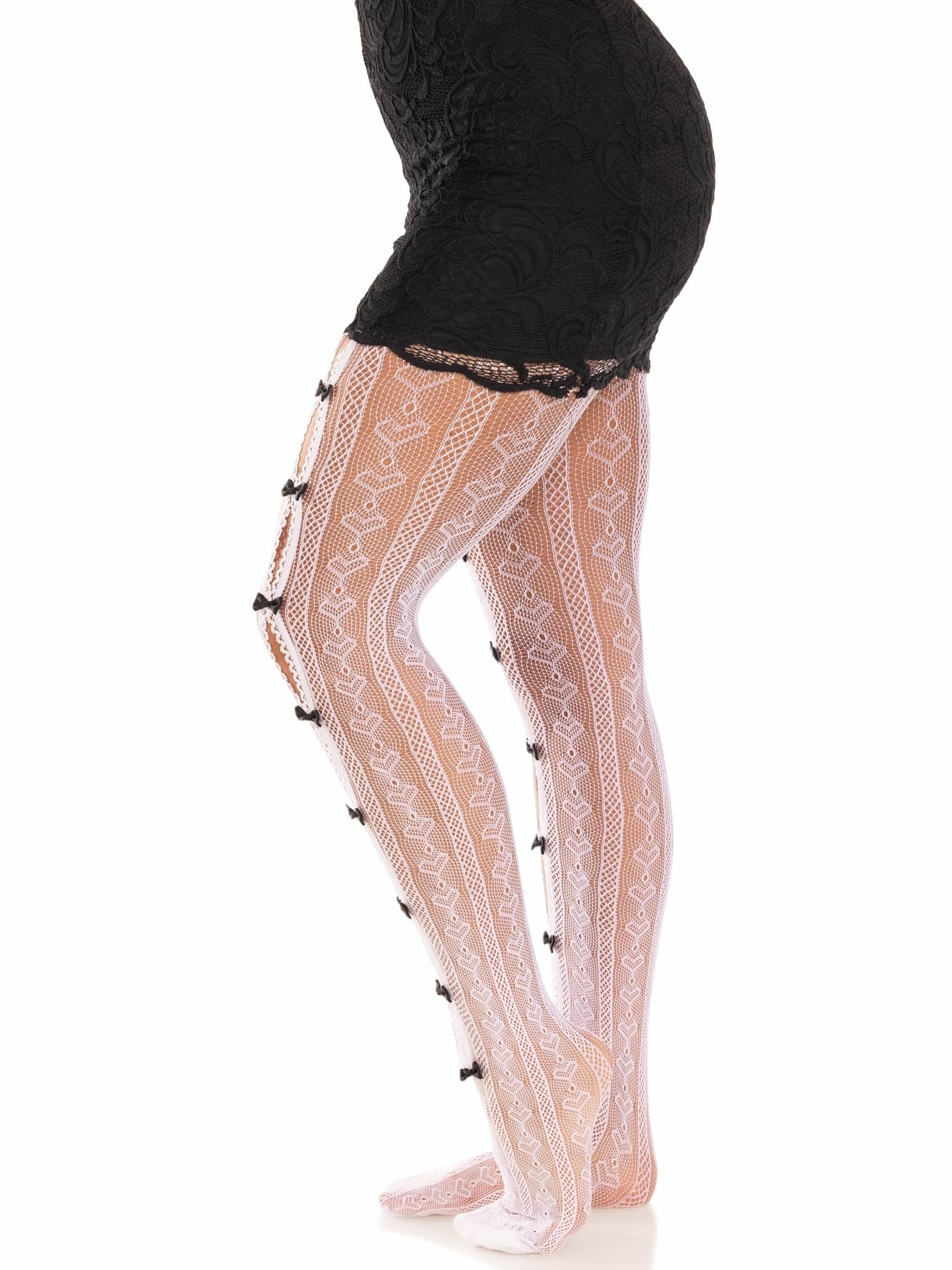 Leg Avenue - Medias Con Aberturas Corazon & Lazos Blanco