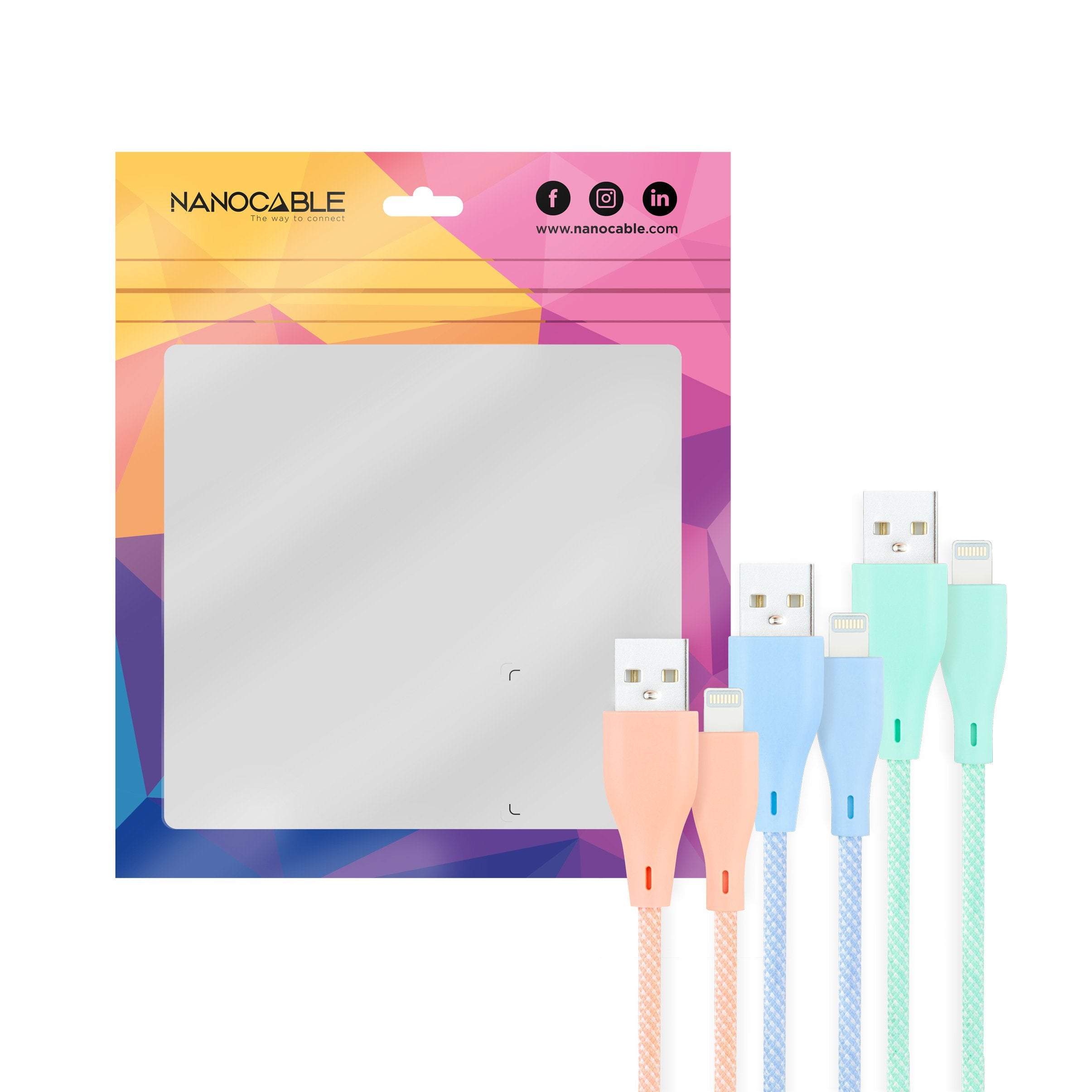 Nanocable Pack De 3 Cables Mallados Usb-A Macho A Lightning Macho - Longitud 1m - Colores Pastel Rosa, Verde Y Azul