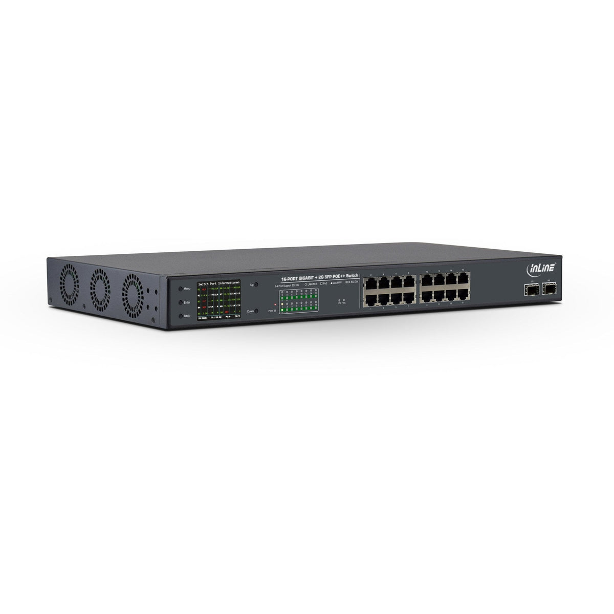 Switch De Red Gigabit Inline Poe++ De 16 Puertos, 1 Gbps, 2x Sfp, 48,26 Cm (19", Soportes Incluidos), Metal, Control De Ventilador, Con Pantalla, Protección Con Contraseña, 300 W