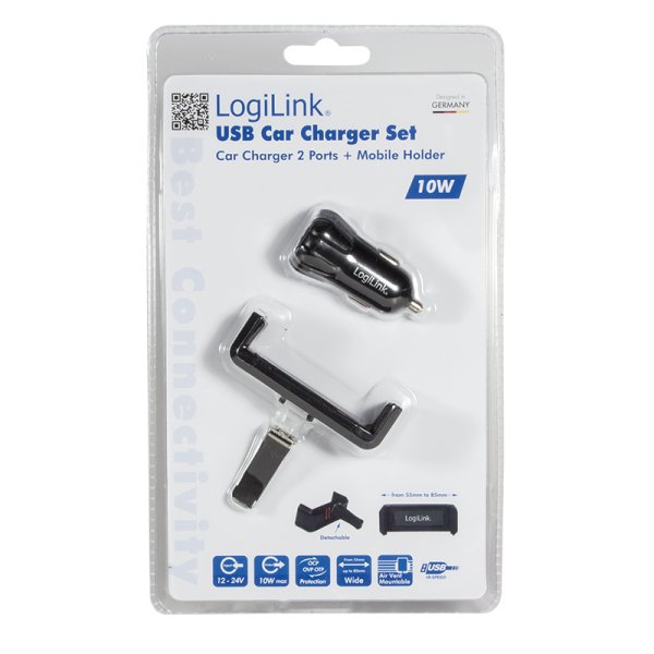 Usb Car Charger Set, 2port Charger + Holder
