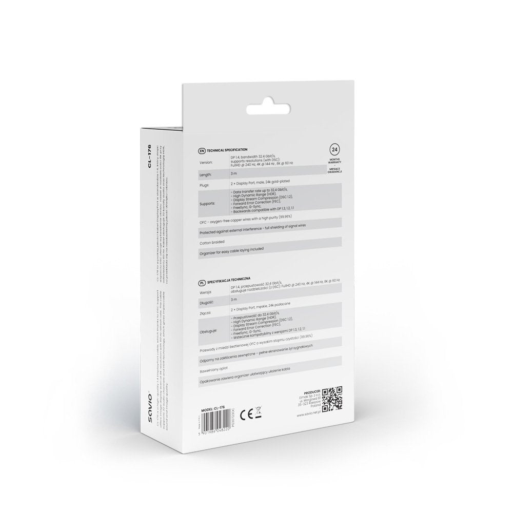 Savio  Cable Displayport (M), V1.4, 3 M, Cl-176