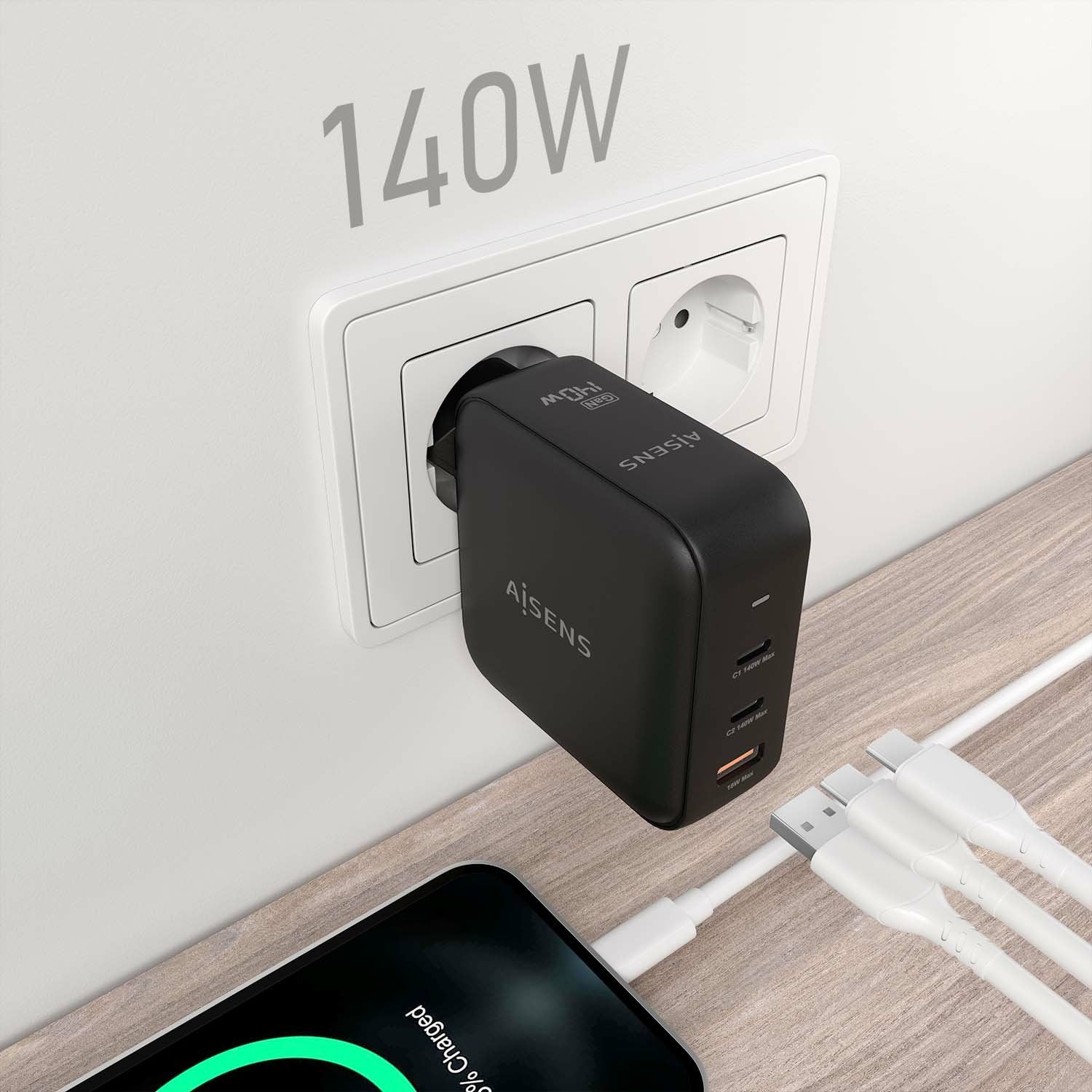 Aisens Cargador Gan 140w, 2xusb-C Pd3.1 Qc4.0, 1xusb-A Qc3.0, Negro