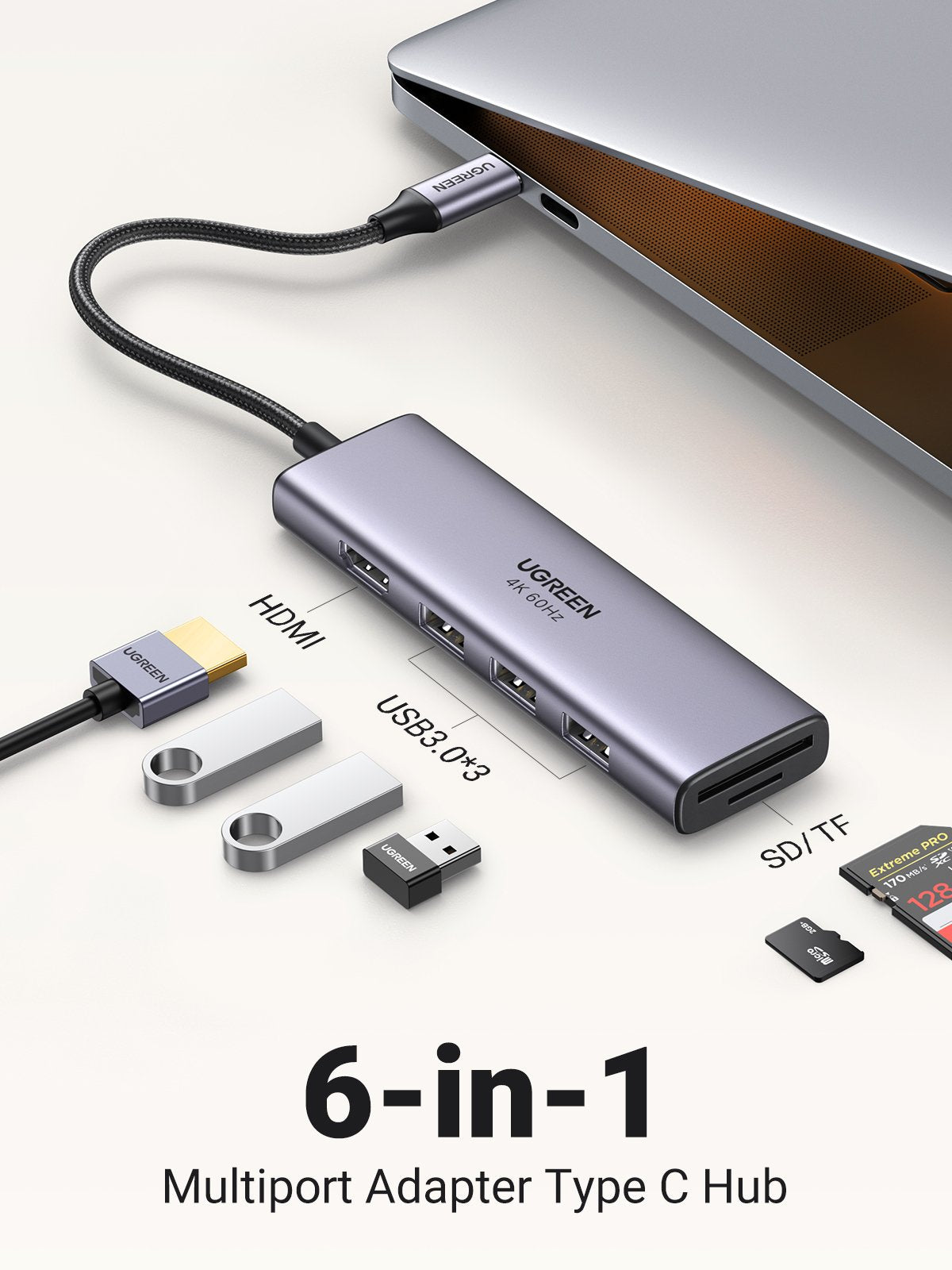EAN 6957303863839 - Ugreen CM511 5-in-1 Adapter USB-C Hub to 3x USB3.0 + HDMI + TF/SD Gray imagen 1