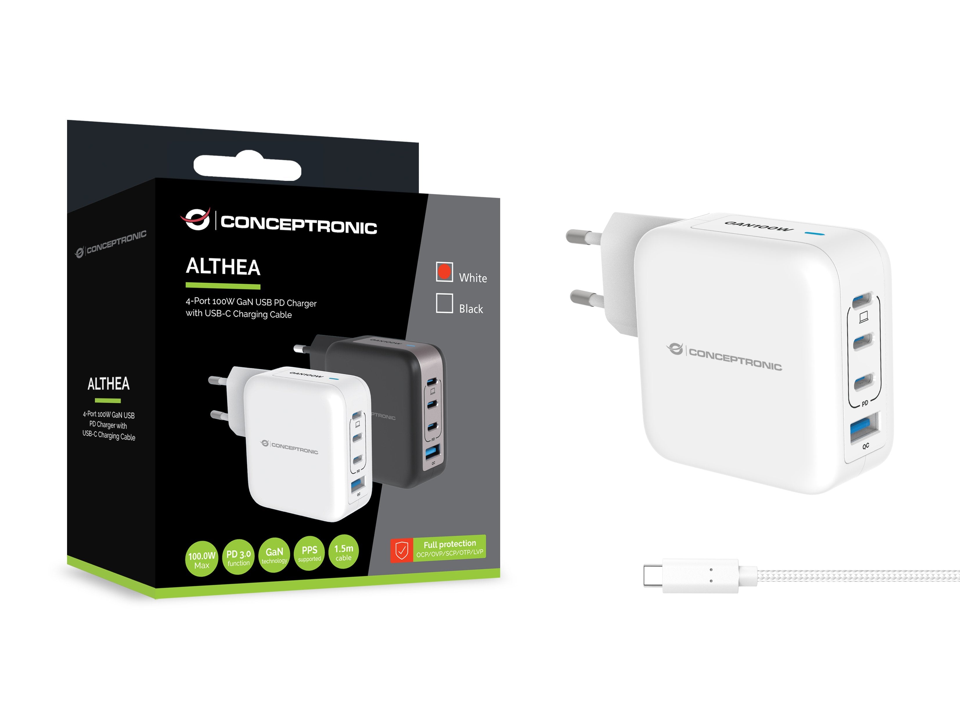 Conceptronic Cargador 4port 100w,3xusb-C,1xusb-A 1.5m Ws