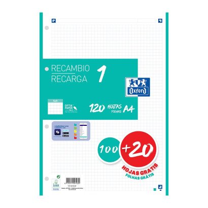 Oxford Recambio Classic 1 Color 100h + 20h Gratis A4 90gr 5x5mm 4/Taladros Banda Verde Menta