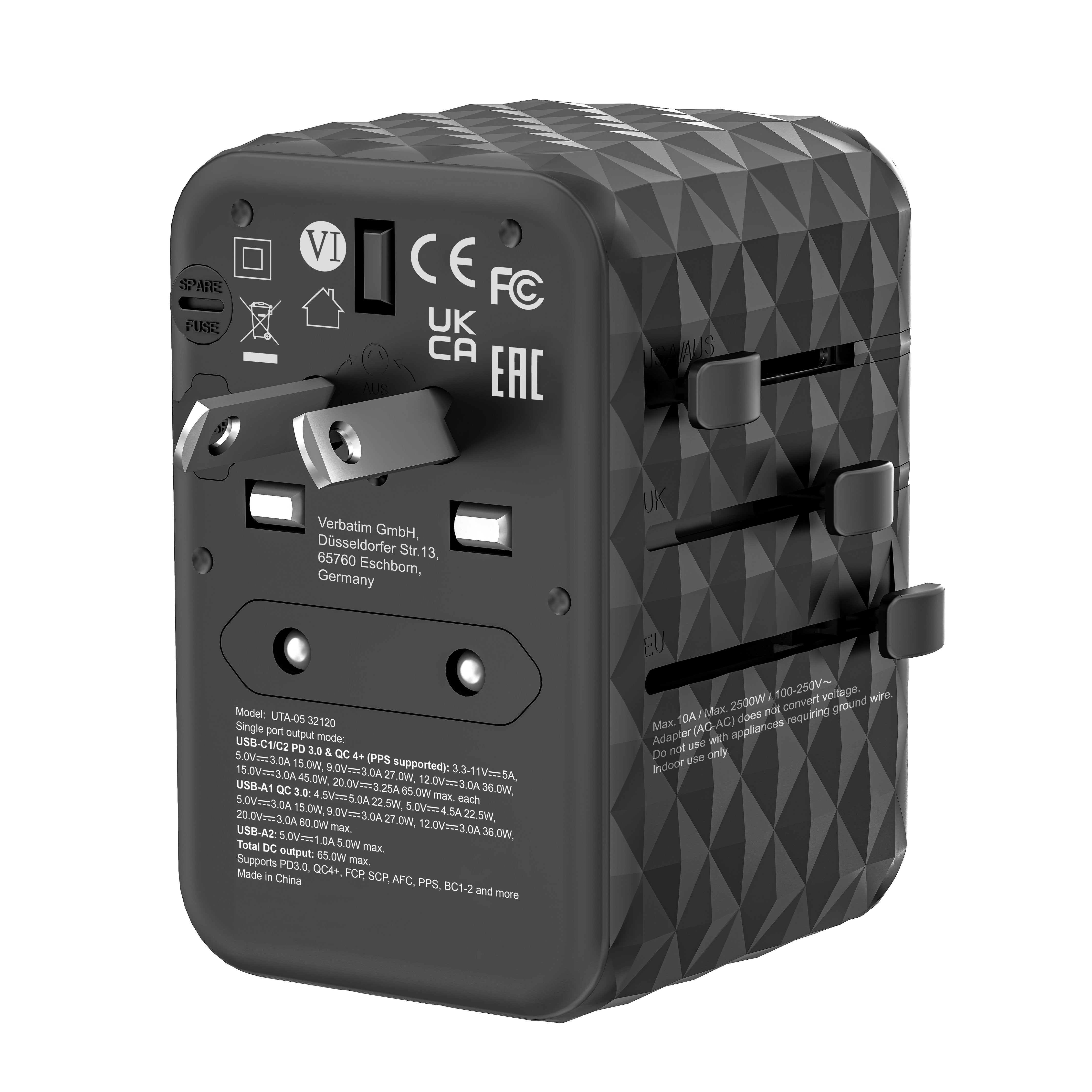 Cargador De Pared Universal Verbatim Uta-05 Gan Iii Toma De Corriente Universal 2xusb Tipo-C 2xusb 65w