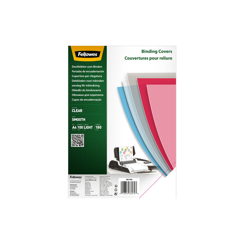 Fellowes Pack De 100 Portadas De Polietileno Transparentes Para Documentos A4 - Grosor De 180 Micras - Para