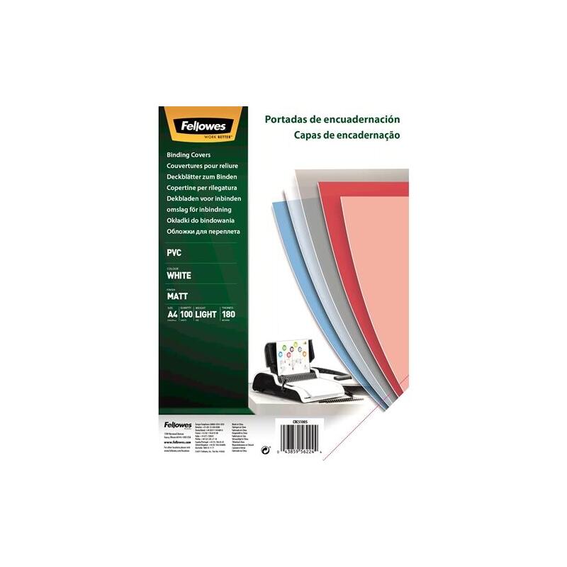 Fellowes Pack De 100 Portadas Pvc Opaco Blanco A4 180 Micras