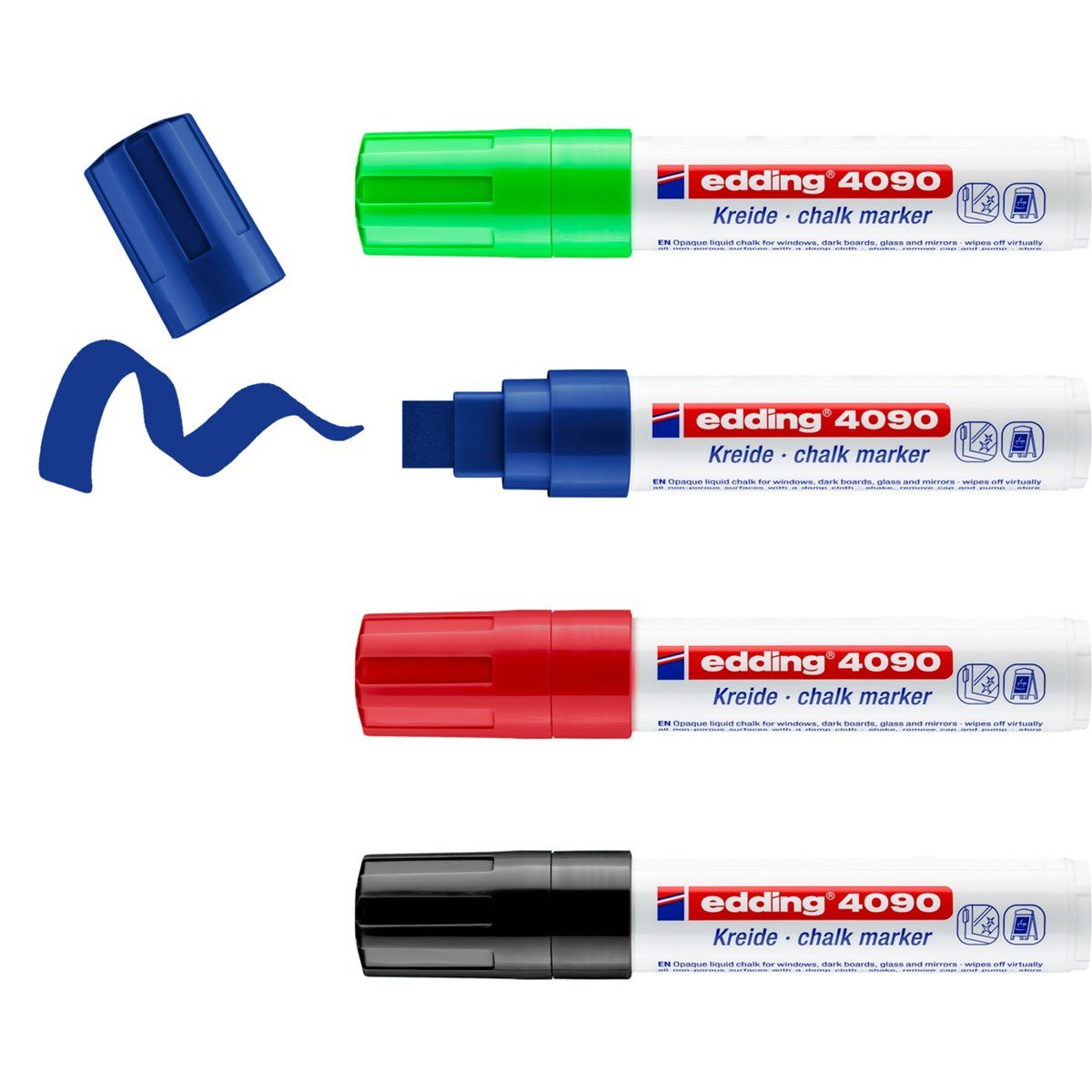 Edding 4090 Chalk - Marker - Para Vidrio, Spiegel, Tafel - Negro, Rojo, Azul, Verde Neón - Base Acuosa Tiza Líquida - 4-15 Mm (Paquete De 4)