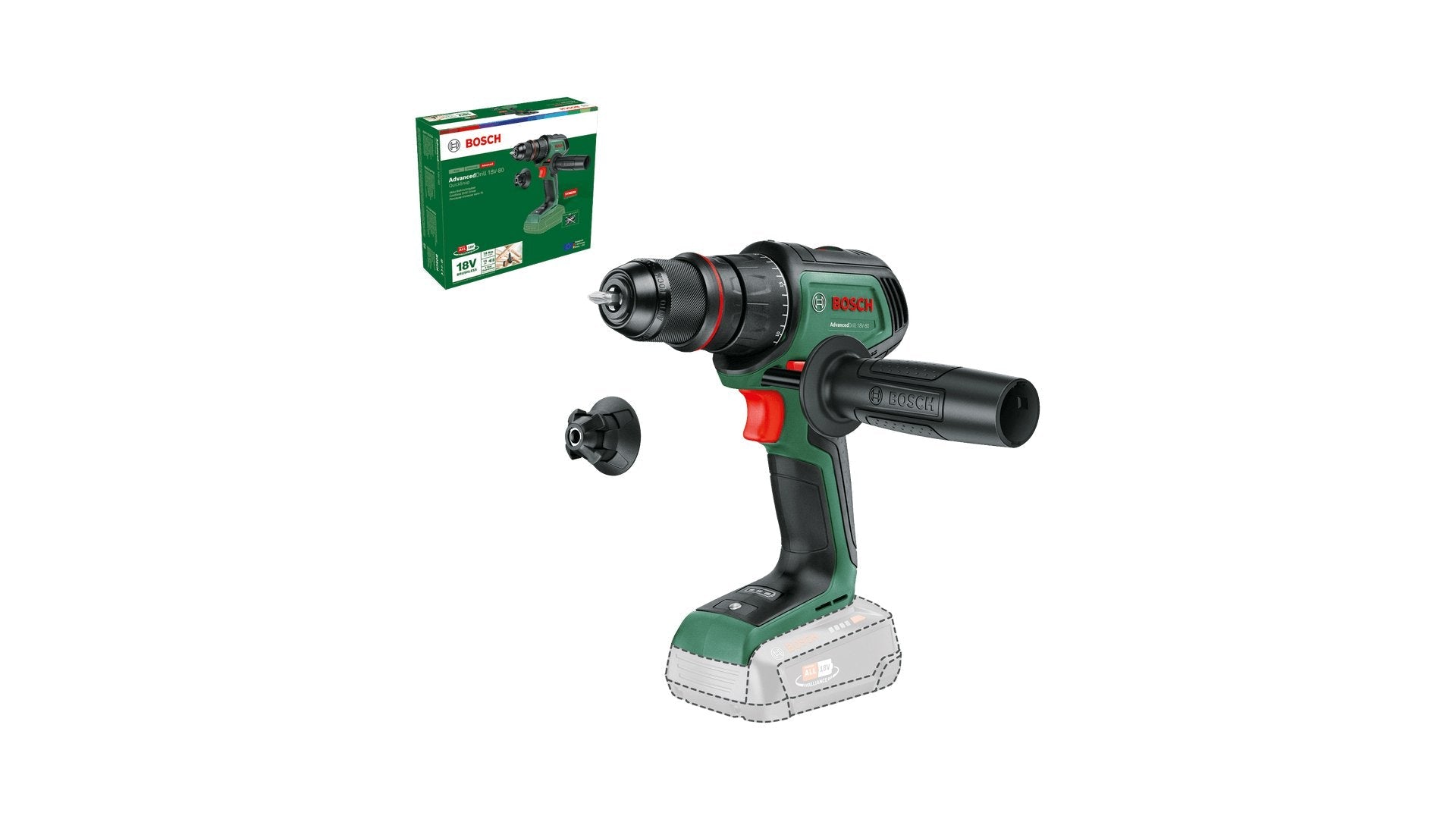Bosch  Taladro Inalámbrico Advanceddrill 18v-80 Quicksnap Solo Verde/Negro, Sin Batería Ni Cargador, Power For All Alliance 06039e2000