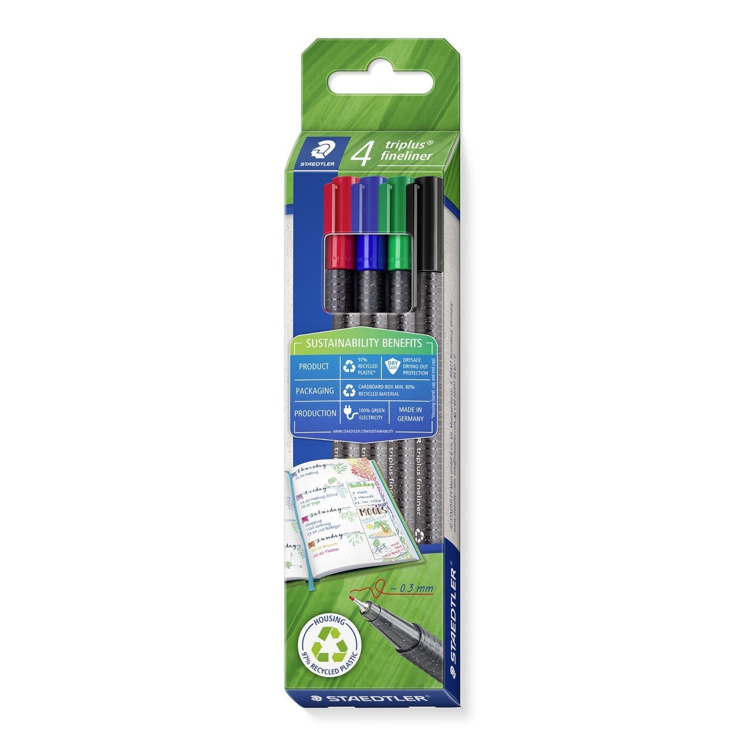 Staedtler Rotulador Fineliner Triplus, Trazo 0,3 Mm, Estuche De Cartón Reciclado Con 4 Rotuladores Fineliner En Colores Surtidos, 334 Rc4