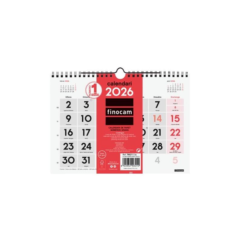 Finocam Calendario De Pared En Catalan - Anual 2026 - 210x5x155mm - Numeros Grandes - Blanco Y Rojo