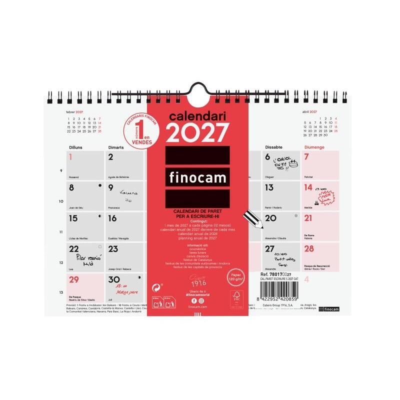 Finocam Neutro Calendario De Pared En Catalan - Anual 2027 - Mes Vista - Formato S - 210x150mm - Espiral Doble - Papel