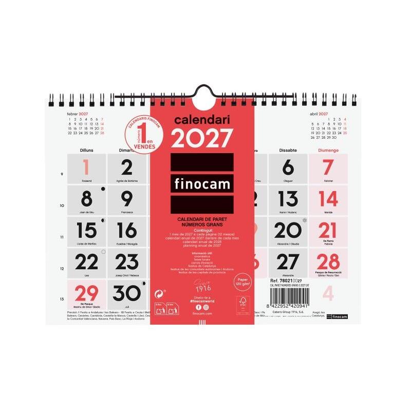 Finocam Neutro Calendario De Pared En Catalan - Anual 2027 - Mes Vista - Formato S - 210x150mm - Espiral Doble - Papel