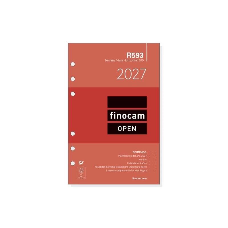 Finocam R593 Recambio Para Agenda Open - Anual 2027 - Semana Vista Horizontal - Formato 500 - 117x181mm - 6 Taladros -