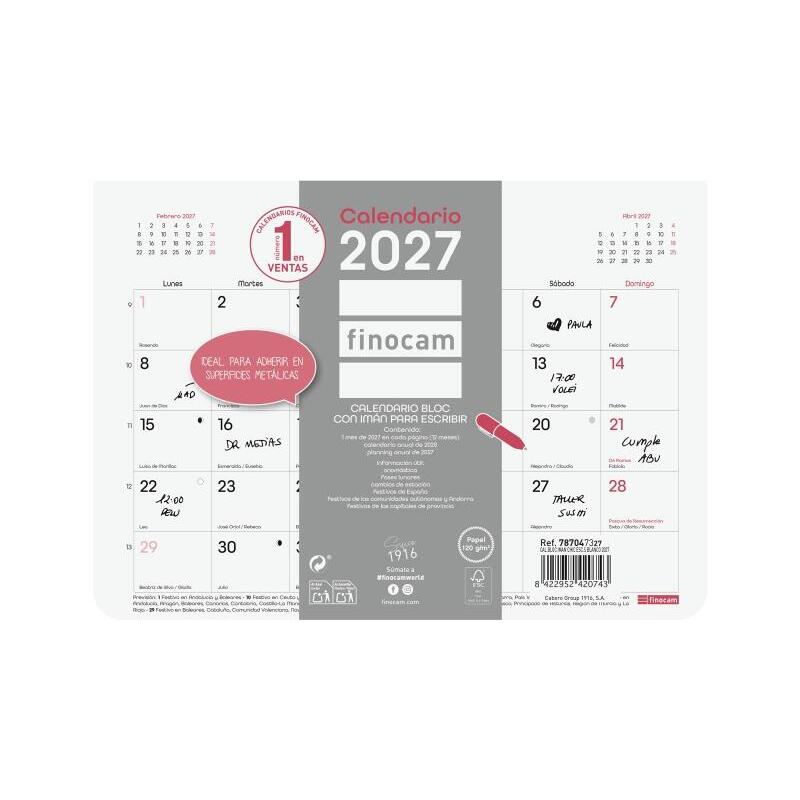 Finocam Trendy Chic Calendario Con Iman - Anual 2027 - Mes Vista - Formato S - 210x150mm - Encolado - Papel De 120g/M2