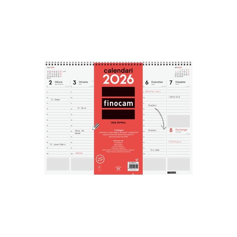 Finocam Vade Calendario De Sobremesa En Catalan - Anual 2026 - Con Espiral - 420x8x320mm - Semana Vista En Vertical -