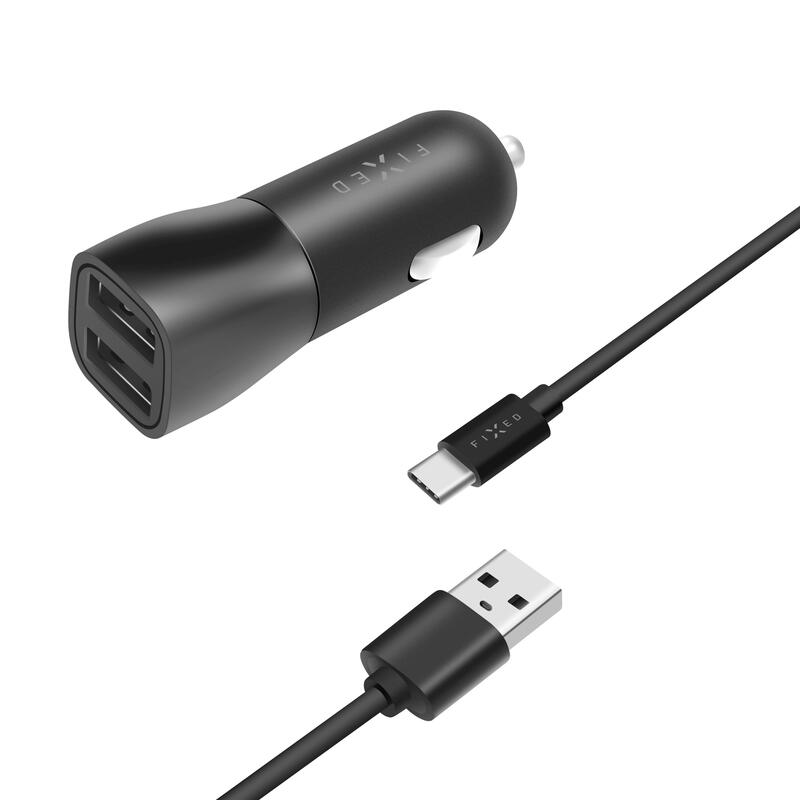 Fixed Dual Usb Car Charger 15w+ Usb Usb-C Cable, Black