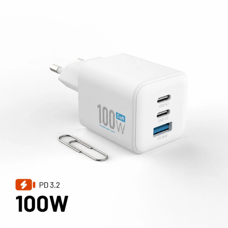 Fixed Gan Network Charger Fixed Mini With 2xusb-C And Usb Output, Pd Support, 100w, White