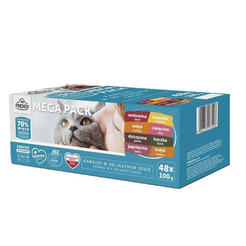 Frendi Sasz Kot 48x100g, Carne 2 Sabores (Wol/Pollo, Ind/Ciel, Jabalí/Pato, Jag/Ind)