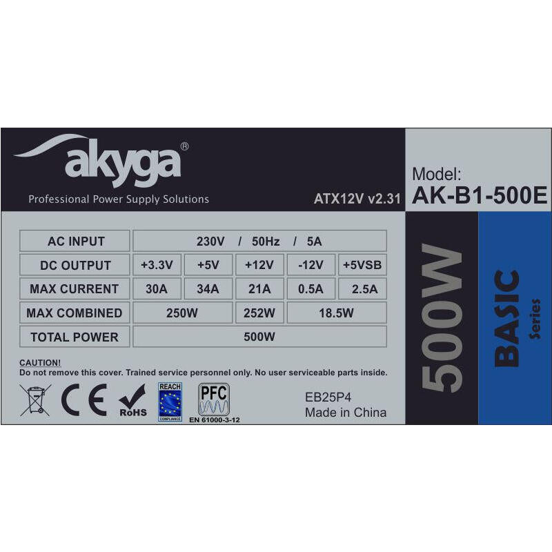 Fuente De Alimentacion Akyga Basic Atx 500w Ak-B1-500e Fan12cm P4 3xsata