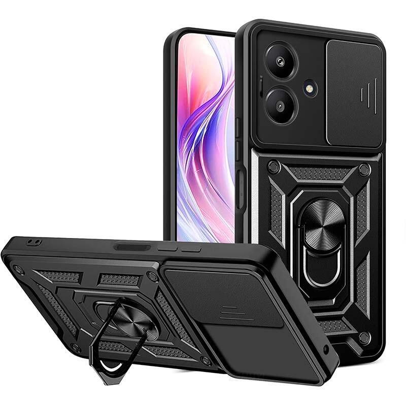 Funda Armadura Militar Para Xiaomi Redmi 13c 5g Con Protección De Cámara, Soporte Metálico Y Anillo Negro