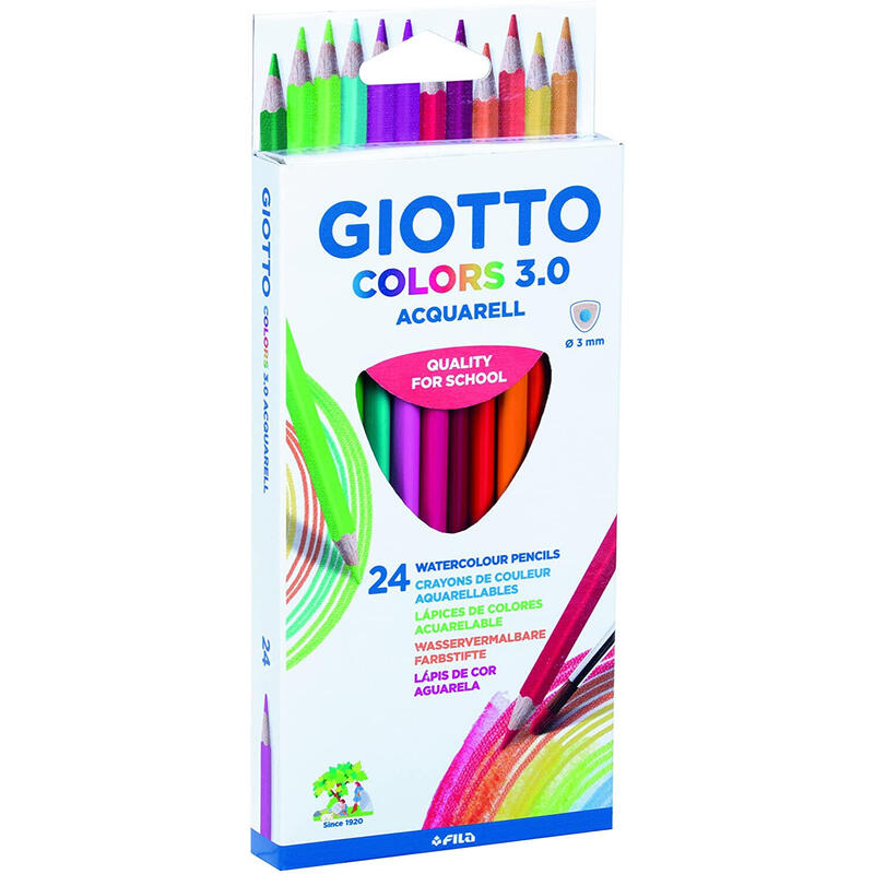 Giotto Colors Acquarell 3.0 Pack De 24 Lapices De Colores Acuarelables Triangulares - Mina 3 Mm - Madera - Colores Surtidos