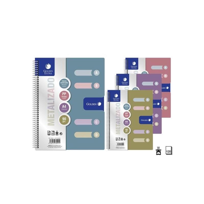 Golden Pack De 6 Cuadernos A4 120 Hojas 90gr Cuadricula 5x5 - 4 Separadores - Tapa Polipropileno - Colores Metalizados