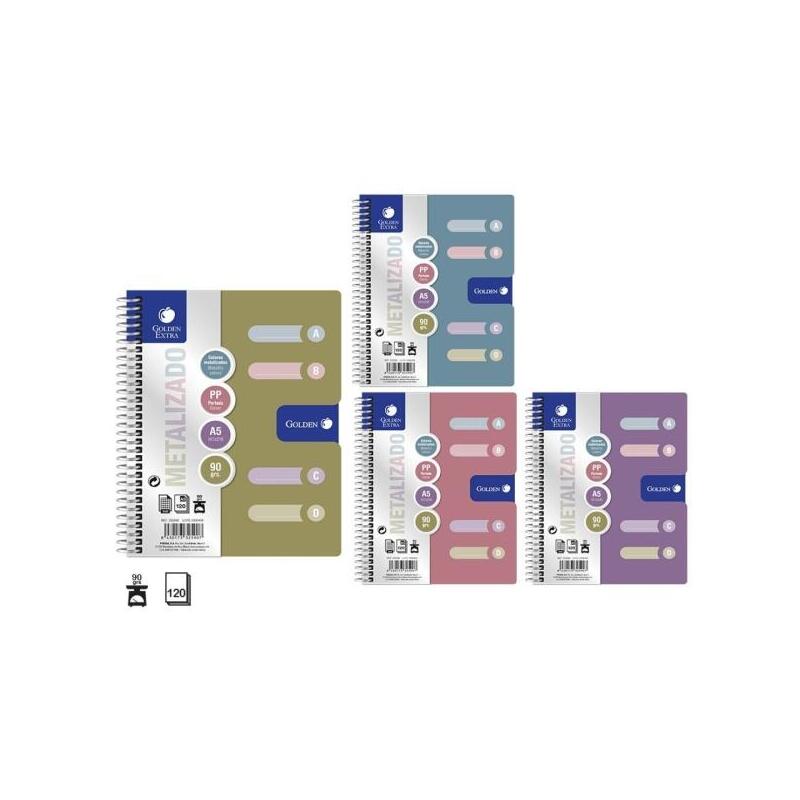 Golden Pack De 6 Cuadernos A5 120 Hojas 90gr Cuadricula 5x5 - Tapa Polipropileno - 4 Separadores - Colores Metalizados