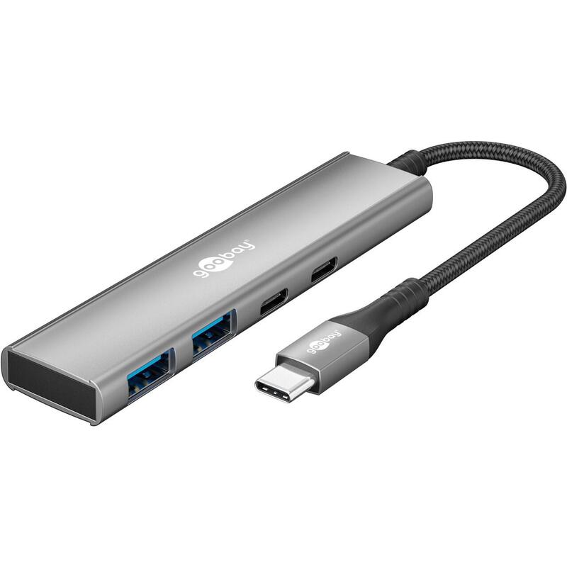 Goobay 76563 Slim 4-Port Usb-Hub, Usb-C Auf Usb-C Usb-A, 5 Gbit S, Grey