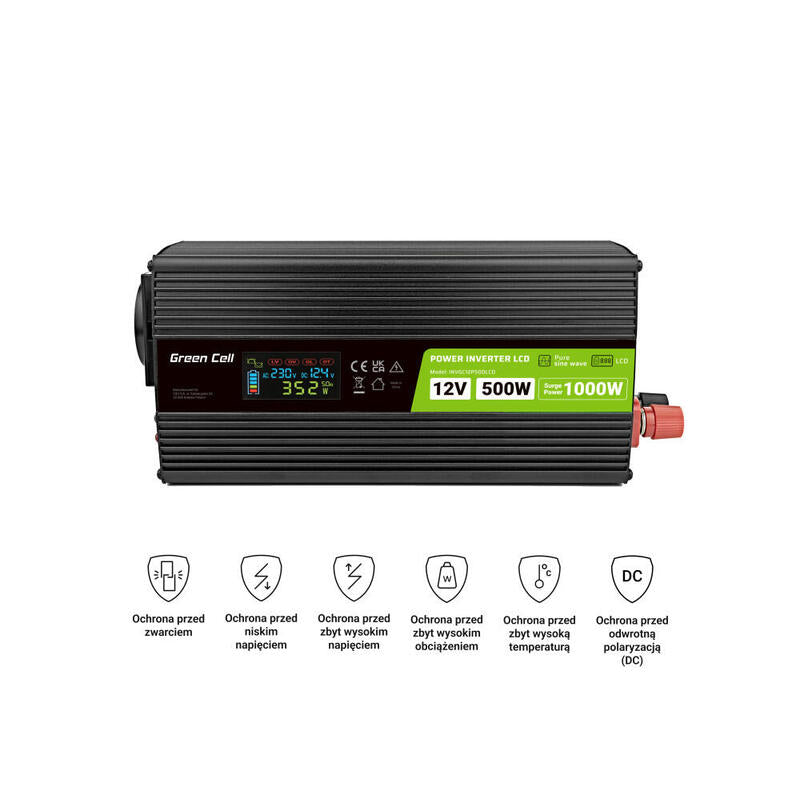 Green Cell Power Inverter 12v-230v 500w 1000w With Lcd Display - Pure Sine Wave
